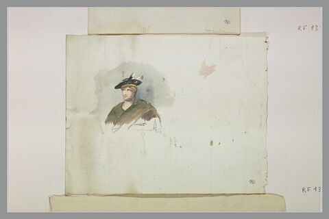 Homme en buste, coiffé d'une toque à plume, avec un manteau vert, image 1/1