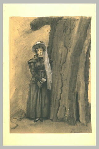 Jeune femme, debout, contre un arbre, image 1/1