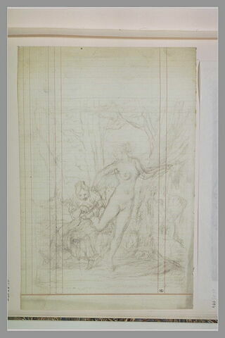 Jeune femme nue, debout, avec une femme lui examinant son pied droit, image 1/1