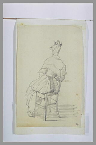 Femme assise sur une chaise, vue de dos, image 1/1