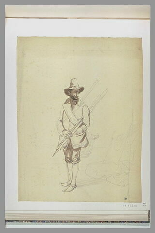 Homme en tenue de pêcheur, avec piques et filet, image 1/1