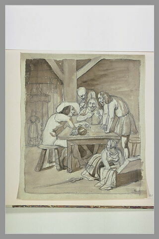 Hommes en costumes du temps de Louis XIII discutant autour d'une table, image 1/1