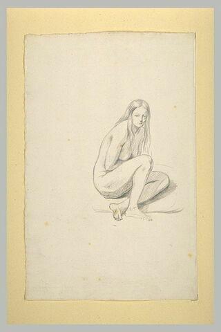 Femme nue, assise, de trois quarts à droite, cheveux dénoués
