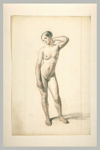 Femme nue, debout, de face, portant la main gauche à sa nuque