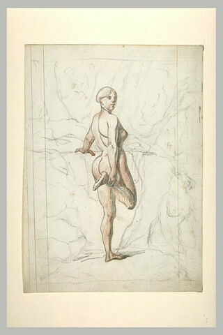 Femme nue, de dos, tournée vers la droite, se tenant le pied droit