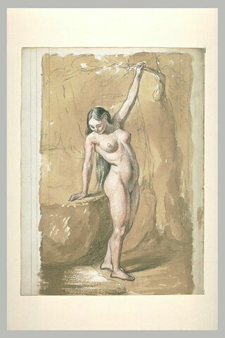 Femme nue, debout, la main gauche tenant la branche d'un arbre