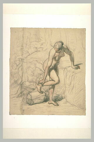 Femme nue, debout, tournée vers la droite, et deux autres figures