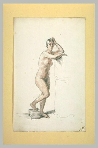 Femme nue, debout, accoudée sur un haut degré, image 1/1