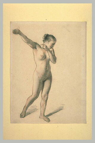 Femme nue, debout, tendant les bras vers la gauche