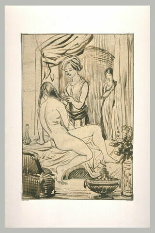 Femme nue, de dos, peignée par une orientale, dans un harem, image 1/1