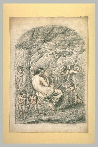 Femme nue, assise au pied d'un arbre, entourée d'amours, image 1/1