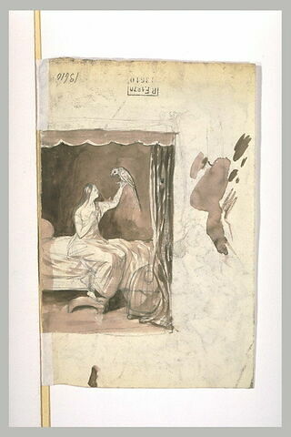 Femme nue, assise au bord d'un lit, tenant un perroquet
