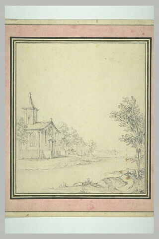 Paysage avec une rivière passant devant une église
