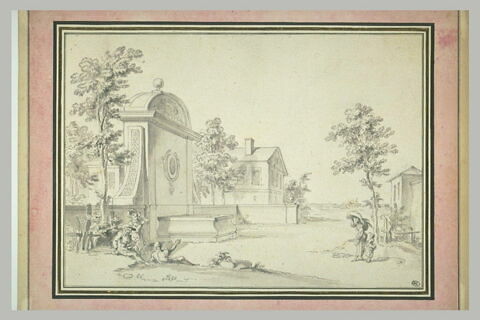 Figures assises près d'une fontaine monumentale