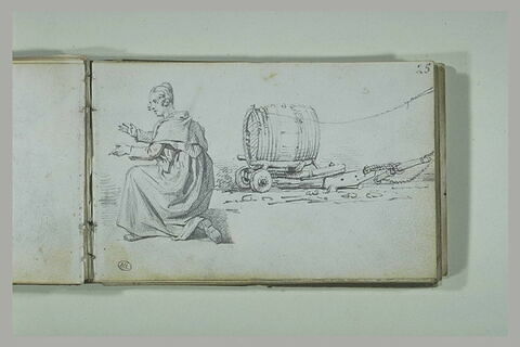 Femme accroupie ; tonneau sur un brancard, image 2/2