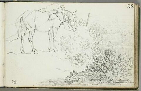 A Montmartre, cheval harnaché devant un paysage