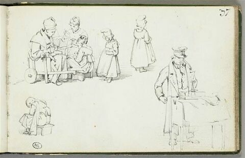 Femme et enfants ; enfant assis ; homme jouant de l'orgue, image 1/2