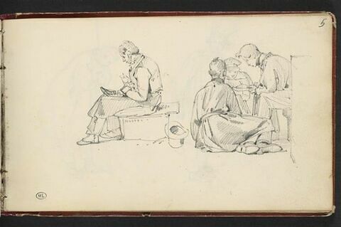 Cordonnier assis ; groupe de trois hommes assis