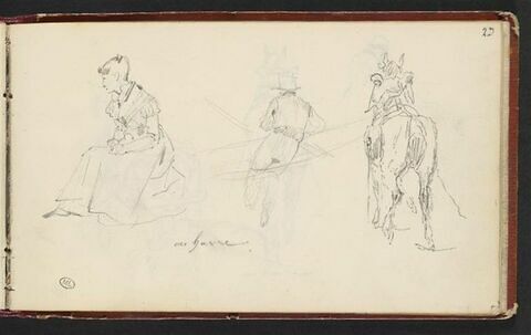 Femme assise ; paysan et son cheval labourant