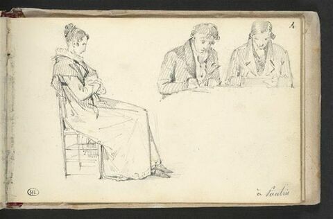 Etudes de femme assise, et deux hommes écrivant