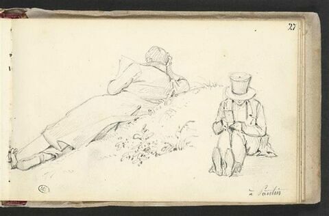 Etude de deux figures d'hommes lisant assis dans l'herbe