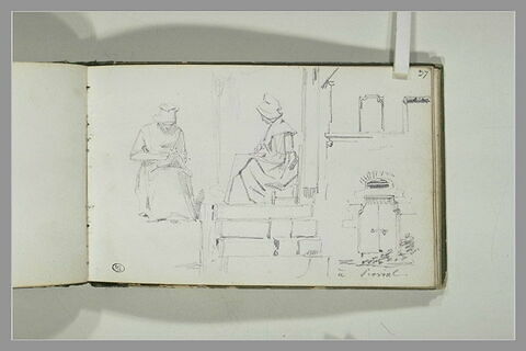 Deux femmes cousant, dont l'une sur les marches d'un escalier, à Provins, image 2/2