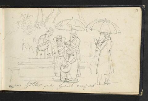 Groupe de figures portant des ombrelles, réunies sous un arbre : au Hökler près de Zurich, 8 août 1823, image 1/2