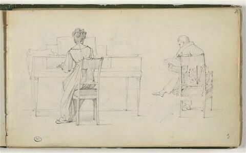 Femme jouant du piano ; homme assis lisant, image 1/2
