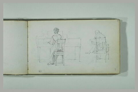 Femme jouant du piano ; homme assis lisant, image 2/2