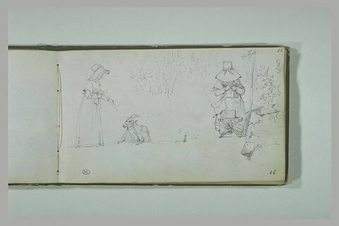 Femme tendant de l'herbe à une chèvre ; femme, assise, cousant, image 2/2