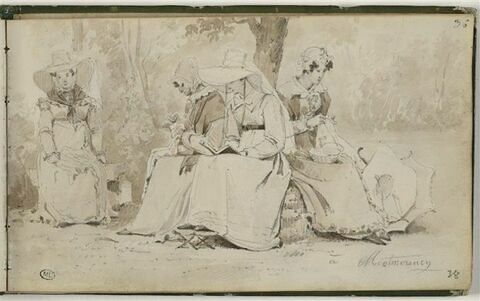 Groupe de femmes assises sous un arbre, dans le parc de Montmorency