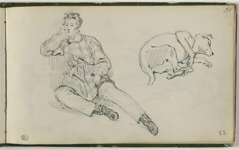 Jeune homme assis à terre ; chien couché, image 1/2