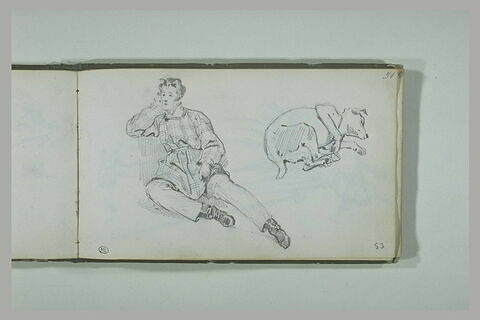 Jeune homme assis à terre ; chien couché, image 2/2