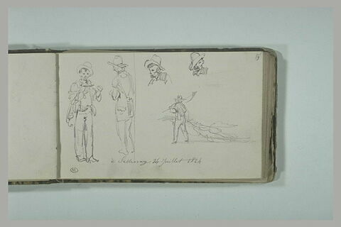 Etudes d'hommes debout, de têtes d'hommes et d'un homme dans un paysage, image 2/2