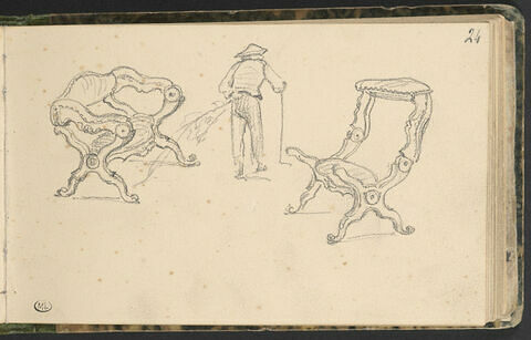 Etudes d'un fauteuil et d'un prie-Dieu de style rocaille ; homme, vu de dos, marchant avec une canne, image 1/2