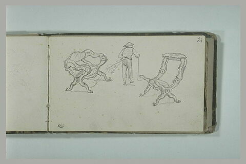 Etudes d'un fauteuil et d'un prie-Dieu de style rocaille ; homme, vu de dos, marchant avec une canne, image 2/2