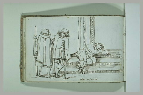 Deux mendiants dont un estropié vu de dos, avançant vers un homme endormi sur des marches de Santa Maria sopra Minerva