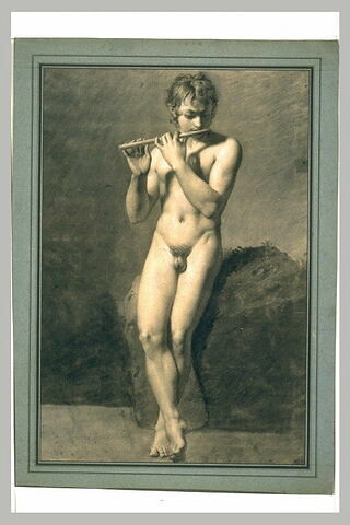 Adolescent nu, debout, de face, jouant de la flûte, image 1/1