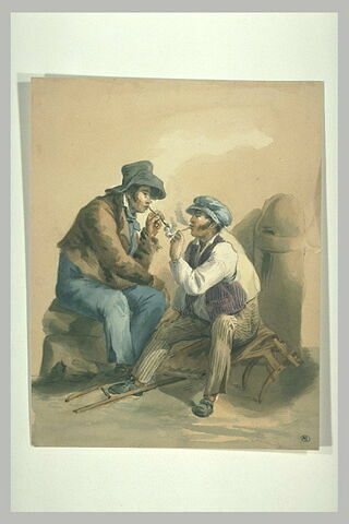 Deux hommes assis, et coiffé d'un chapeau, fumant la pipe, image 1/1