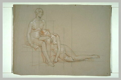 Femme allongée avec sa tête posée sur les genoux d'une femme nue, assise, image 1/1