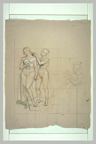 Femme coiffant une autre femme et esquisse d'une femme assise, image 1/1