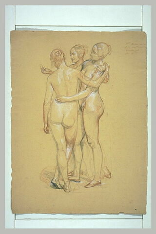 Trois femmes nues, enlacées, l'une montrant aux autres une médaille, image 1/1