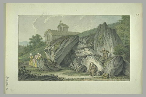 Trois femmes et deux moines près des rochers
