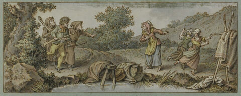 Un homme et deux moines armés parlant avec une vieille femme, image 1/2