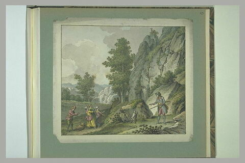 Trois femmes regardant une cigogne perchée sur un rocher et deux chasseurs