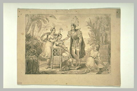 Jeune chevalier debout, auprès d'une princesse indigène assise
