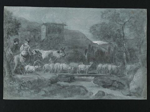 Berger et bergère conduisant un troupeau