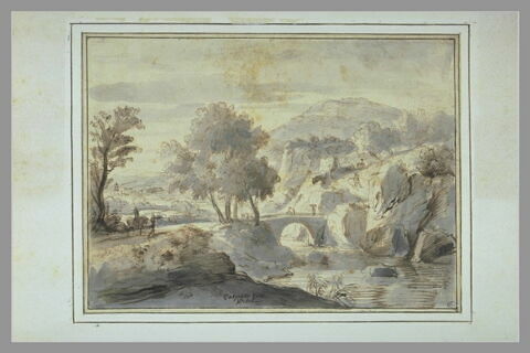 Paysage avec une rivière que franchit un pont, image 2/2