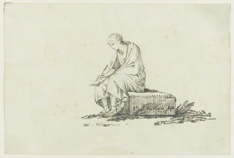 Homme vêtu à l'antique, écrivant, assis sur une pierre, image 1/1