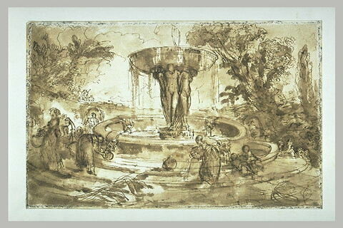 Femmes et enfants près d'une fontaine, ornée d'une vasque, image 2/2